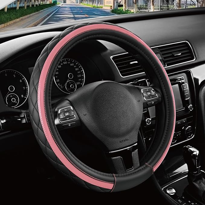 Leather Steering Wheel Cover – Black & Pink, Universal Fit 14.5-15 Inch, Microfiber Leather, Anti-Slip & Breathable Design for Men and Women