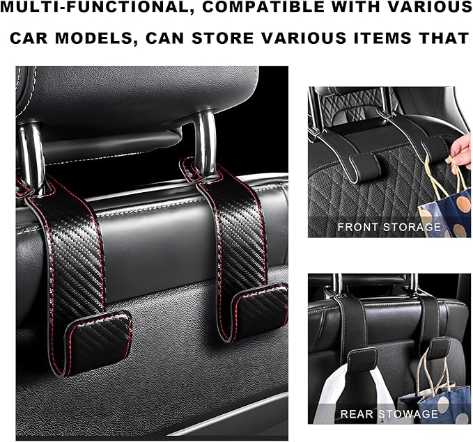 2 PCS Car Seat Headrest Hook, Microfiber Leather Purse Hooks Back Seat Storage Organizer, Auto Interior Headrest Holder for Hanging Bag Coat Grocery, Car Accessories (Carbon Fiber)