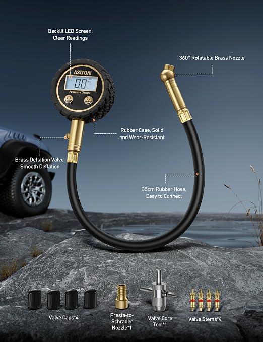 Tire Pressure Gauge for Cars with Backlit LED, Solid Brass with Rubber Hose, Air Bleeder Valve, ANSI B40.7 Grade 2A(±0.5%), 3-250PSI