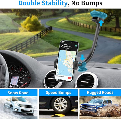 14'' Gooseneck Car Phone Holder,Heavy Duty Phone Holder for Truck, [Flexibile Long Arm] [Anti Shake stabilizer] Windshield Car Phone Mount Suction Cup,Fit for iPhone, Samsung (Mirror Black)
