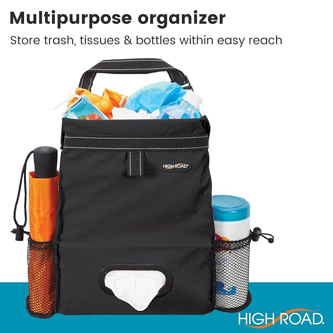 Car Organizer with Car Trash Bag and Tissue Holder - Holds Full Size Tissue Box, Bottles and Wipe Containers - 2 Gal Leakproof Covered Car Trash Can with Push-Close Lid