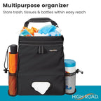 Car Organizer with Car Trash Bag and Tissue Holder - Holds Full Size Tissue Box, Bottles and Wipe Containers - 2 Gal Leakproof Covered Car Trash Can with Push-Close Lid