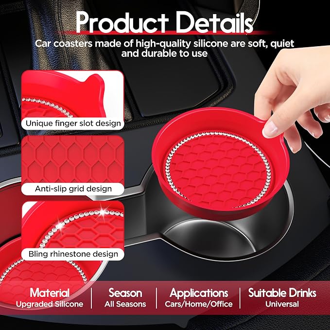 Car Cup Coaster Universal Non-Slip Cup Holders Bling Crystal Rhinestone Car Interior Accessories 2 Pack Red
