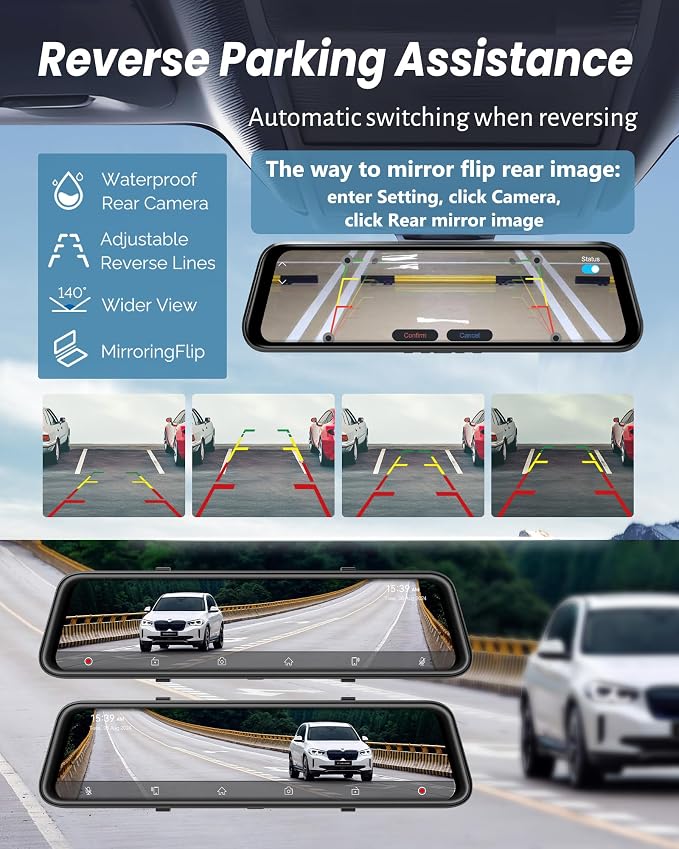 4K Rear View Mirror Camera with Carplay&Android Auto,12" Mirror Dash Cam Front and Rear with Voice Control for Cars&Trucks,Smart Touch Screen,64GB Card Included/Loop Record/Reverse Assist
