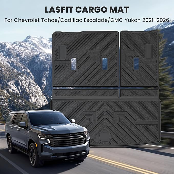 Trunk Mat with Backrest Mat 2021-2026 for GMC Yukon (Only Yukon, Not Fit Yukon XL)/Cadillac Escalade (Only Escalade, Not Fit Escalade ESV)/Chevrolet Chevy Tahoe, All Weather TPE Custom Fit
