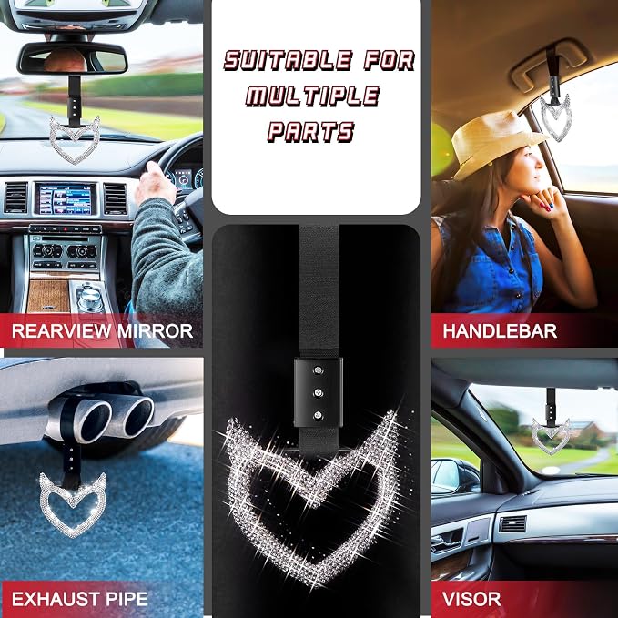 Bling Car Accessories Bling Heart Handle Ring Car Accessory for Women Heart Hand Strap Drift Charm Rear Bumper Warning Ring Decor for auto Bus Interior Exterior Decoration(White,Devil Style)