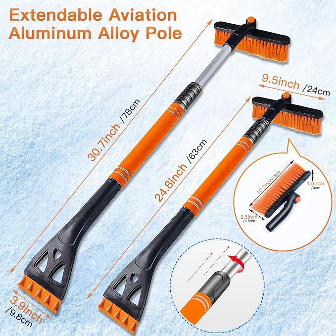 31" Snow Brush and Ice Scrapers for Car Windshield, Detachable Extendable 360° Pivoting Snow Scrapers and Brush with Ergonomic Foam Grip for Car,Truck,SUV(Orange)