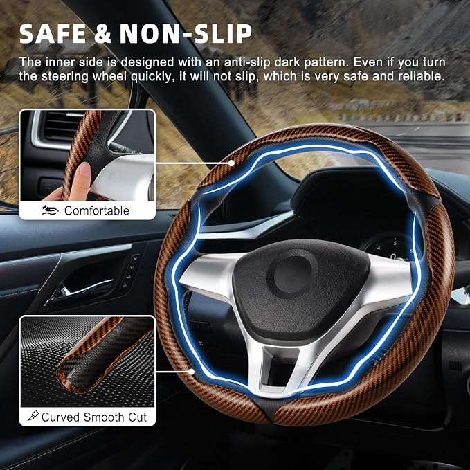 3pcs Carbon Fiber Anti-Skid Steering Wheel Cover, Waterproof Design, Universal Fit for 14-16 Inch Car Wheel Cover, Interior Car Accessories for Jeeps, SUVs, Trucks (Glossy Brown)