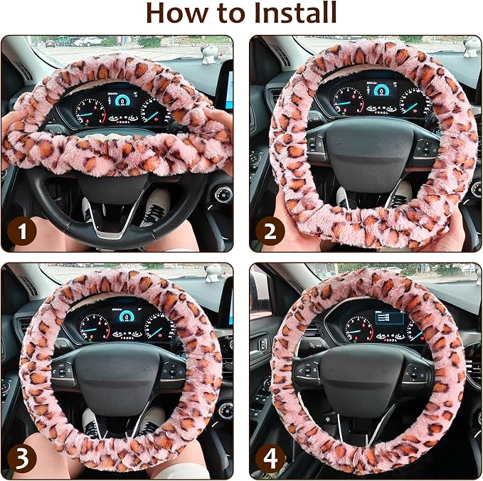 Fuzzy Steering Wheel Cover, Universal Fit Fur Car Wheel Cover & Handbrake Cover & Gear Shift Cover Set for Women Girls, Leopard Winter Warm Fluffy Vehicle Wheel Protector for Auto, SUV (Pink)