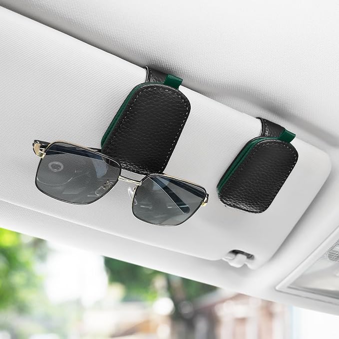 Sunglasses Holder for Car, Leather Magnetic Buckle Sun Visor Sunglass Clip, Ticket Card Storage Glasses Clip, Car Interior Accessories for Men and Women（Black-Green）