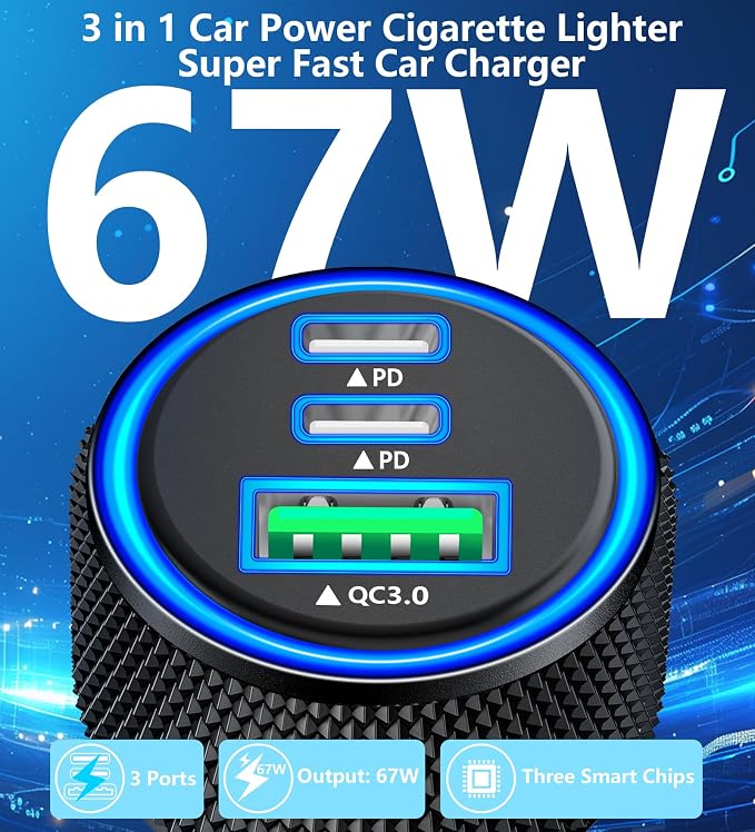 [Apple MFi Certified] iPhone 17 Car Charger Fast Charging, KYOHAYA 3Port 67W PD/QC Car Power Adapter USB-C Car Charger Car Accessories + Type-C Braided Cord for iPhone 17/17 Pro/16 Pro/15/Galaxy/Pixel