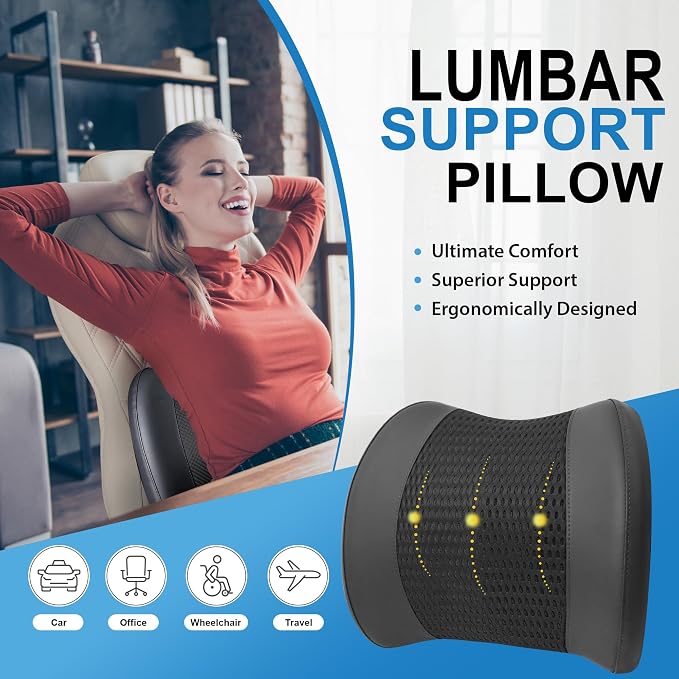 Lumbar Support Pillow for Car, Car Seat Back Support for Driving | Memory Foam Car Lumbar Support for Driving, Car Back Cushion, Adjustable Straps, Lower Back Pillow, Breathable 4D Mesh, Black