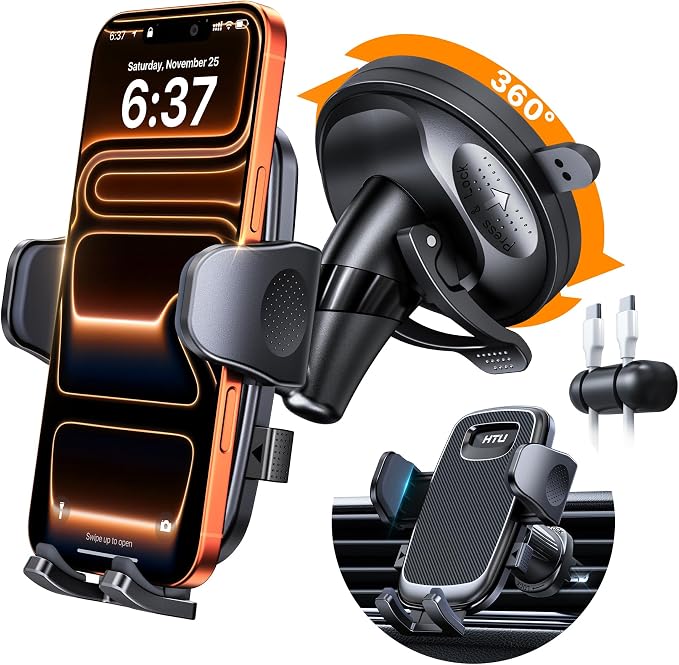 HTU [2026 Latest Upgrade Military-Grade Anti-Shake Car Phone Holder, 90+LBS Strong Suction Car Phone Mount, 360° Rotatable Mount for Dashboard Windshield Vent, for iPhone 17/16 Pro Max, Deep Black