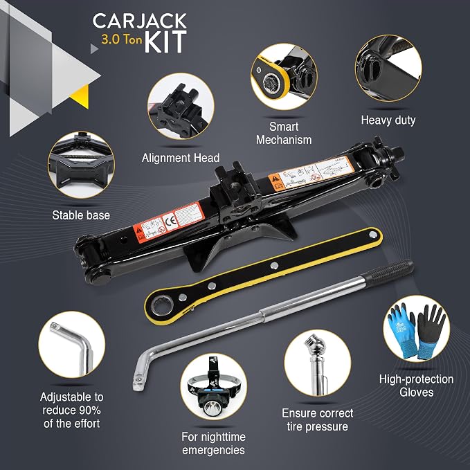 Car Jack Kit 3 Ton (6,600 lbs) | Scissor Jack for Car - Tire Jack Tool Kit | Portable, Ideal for SUV and Auto - Universal Kit with Lug Wrench | Heavy Duty Material