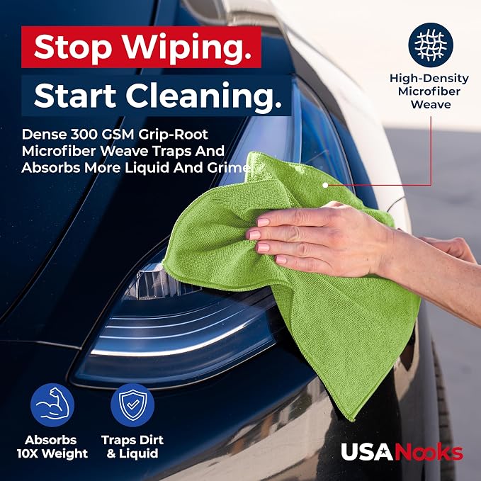 Microfiber Cleaning Cloth Light Green - 12 Pcs 12.5"x12.5" - High Performance - 1200 Washes, Ultra Absorbent Towels Weave Grime & Liquid for Streak-Free Mirror Shine - Car Washing Cloth