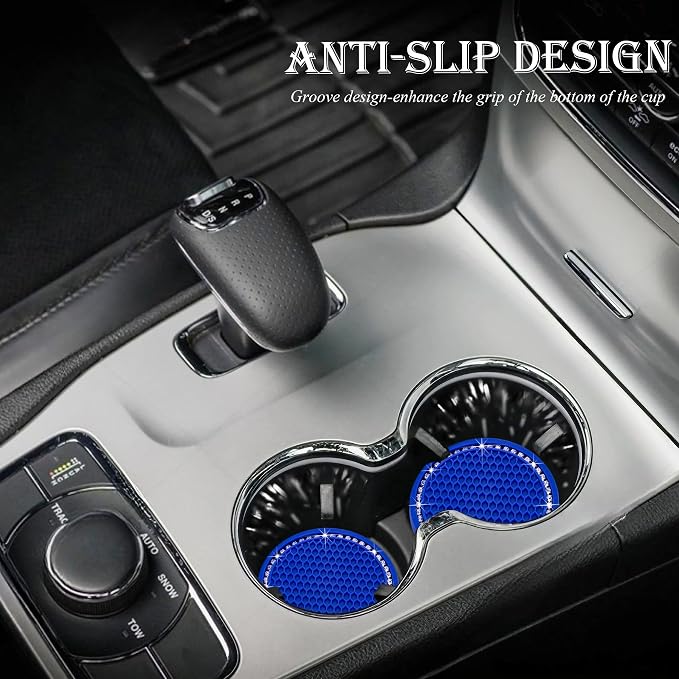 4PCS Bling Cup Holder Coaster, 2.75 Inch Auto Car Cup Holder Insert Coasters, Soft Silicone Anti-Slip Shockproof, Universal Vehicle Interior Accessories for Women Girls (Deep Blue & White)