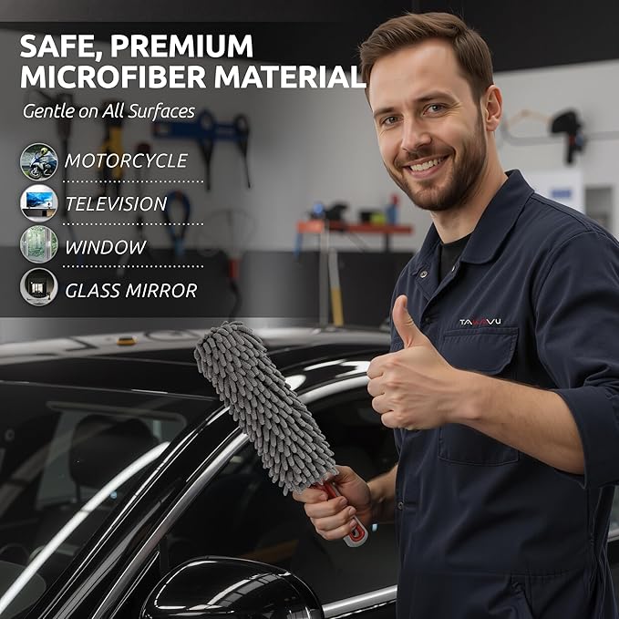 Car Duster Interior, 360° Microfiber Fingers, Lint & Scratch Free | Unbreakable Comfort Handle Duster, Includes Microfiber Towel, Lint-Free & Safe for Car & Home Interior, Gray