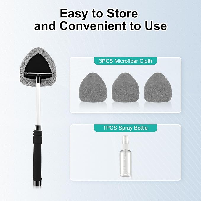 Windshield Cleaner Tool, Car Interior and Exterior Window Cleaning Kit with Extendable Handle & 4 Reusable Microfiber Pads, Auto Glass Wiper Brush Kit for Car & Home Windows (Grey)