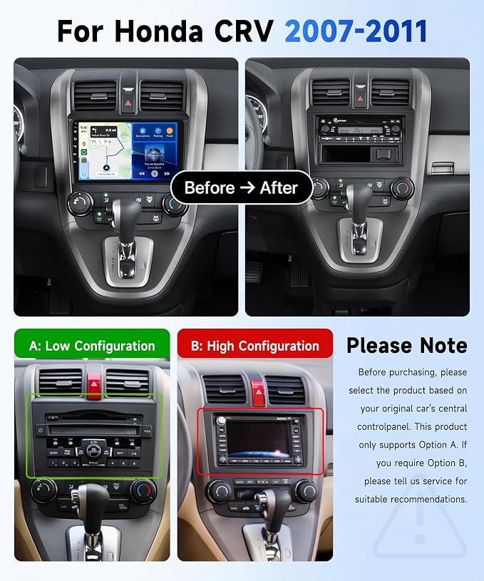 8Core 4G+64G Radio for Honda CRV 2007-2011, Qual-comm Snapdragon Chip, Wireless Carplay Android auto, 9 inch IPS Touchscreen Radio for CRV, Bluetooth GPS 5GWIFI Backup Camera FM RDS SWC