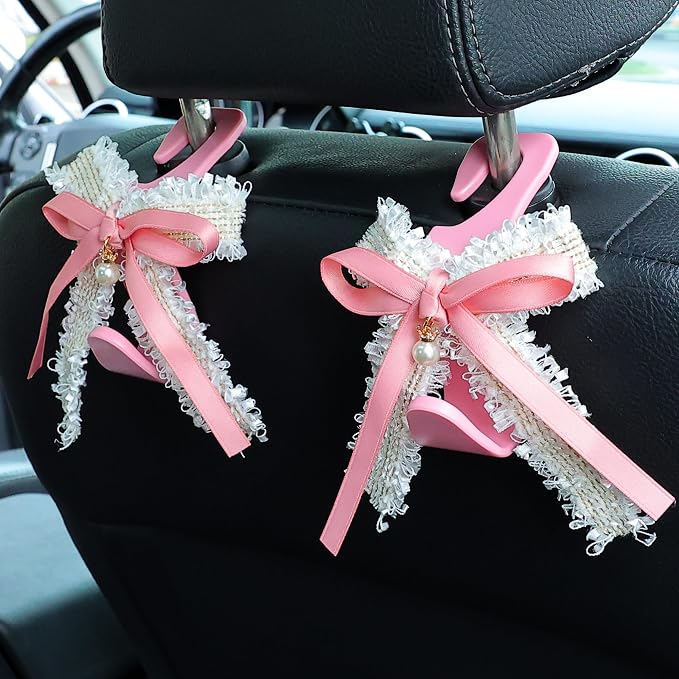Car Seat Headrest Hook Cute Bowknot Vehicle Hanger Car Storage Organizer for Handbag Purse Coat Grocery Bag Pink White