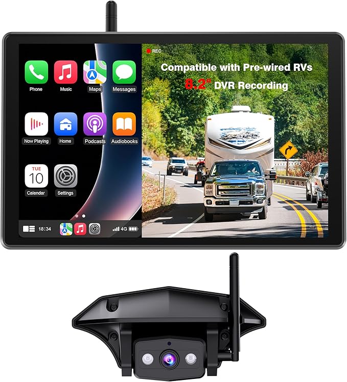 8.2'' RV Backup Camera Wireless: Compatible with Pre-Wired RV, 1080P HD Monitor with CarPlay, Voice Control, IR Night Vision, DVR Recording Back Up Camera for Camper, Trailer, Motorhome