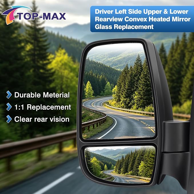 Driver Left Side Upper & Lower Rearview Convex Heated Mirror Glass Replacement With Rear Holder fit Ford Transit 150 250 350 from 2015 to 2023