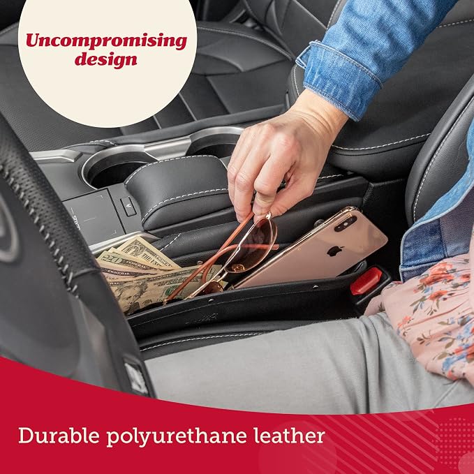 Car Seat Gap Organizer - Pack of 2 - Prevents Items Falling & Seat Gap Filler - Universal Fit 0.5"-2" Slots & Automotive Use - Easy Clean Design for Auto Accessories - Gray Faux Leather