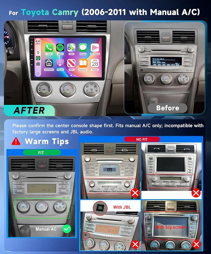 [5G WiFi & 1280 * 720] for Toyota Camry 2006-2011 with Manual A/C Car Radio, 10.1” IPS HD Touch Screen,Wireless CarPlay Android Auto Bluetooth GPS FM RDS SWC Backup Camera(2G+64G)