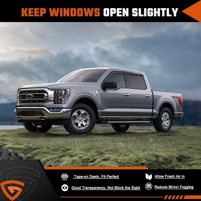 Rain Guards Fit for Ford F-150 SUPERCREW CAB 2015 2016 2017 2018 2019 2020 2021 2022 2023 2024 2025 2026, Tape-on Durable Side Window Sun Wind Deflectors 2015-2026 F150 Rain Guard Black 4 PCS