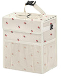 Corduroy Car Trash Can with Lid and Mesh Pockets - Leakproof Organizer,Multipurpose Waterproof Garbage Can/Trash Bin for Car(Beige/Red Strawberry Print-3 Gallons)