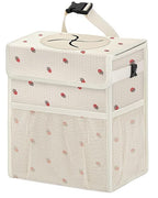Corduroy Car Trash Can with Lid and Mesh Pockets - Leakproof Organizer,Multipurpose Waterproof Garbage Can/Trash Bin for Car(Beige/Red Strawberry Print-3 Gallons)