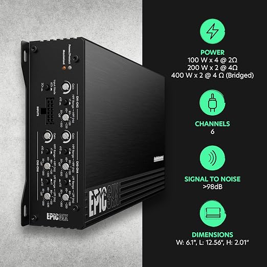 EPICSIX 6-Channel 1200W RMS Digital Class D Full-Range Car Audio Amplifier, Compact High-Power, High/Low Pass Crossover, RCA Line Level Inputs for Aftermarket Radios, Smart Protection