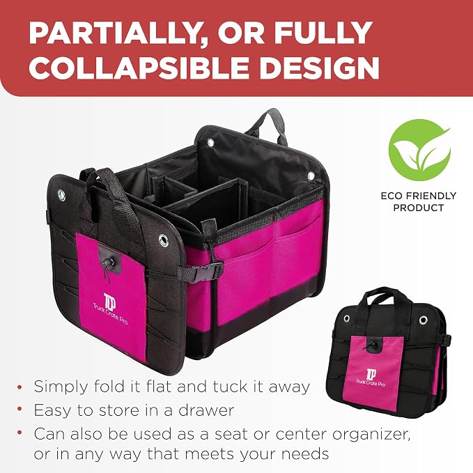 Pink Car Accessories For Women, Trunk Organizer For Car, Suv, Jeep Premium Adjustable Multi Compartments Collapsible (Large Capacity)