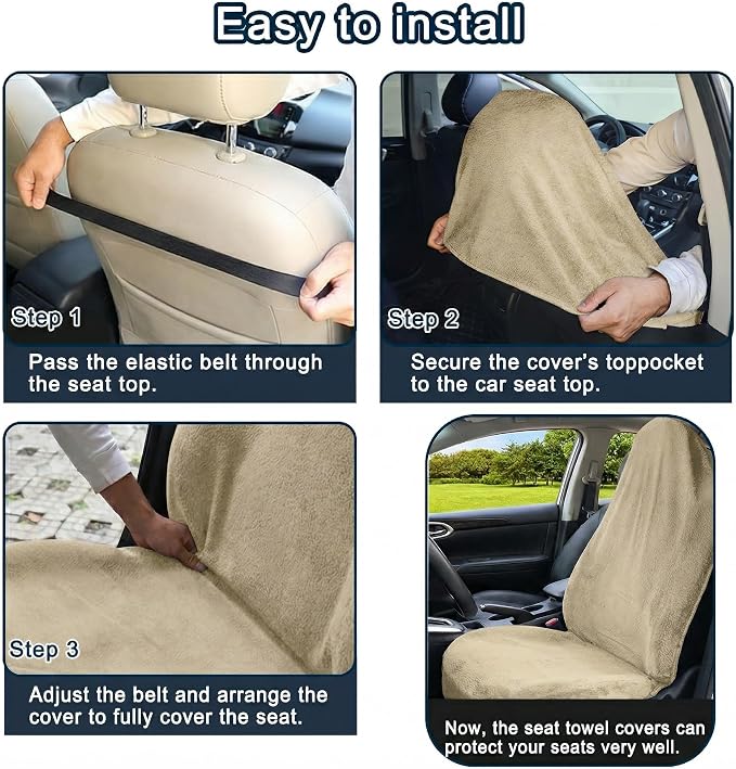 Car Seat Towel Cover, 2 Pack Universal Front Seat Protector for Cars, SUVs and Trucks, Sweat Towel Car Seat Cover for Gym, Yoga, Swimming, Pets and Family Travel, Beige