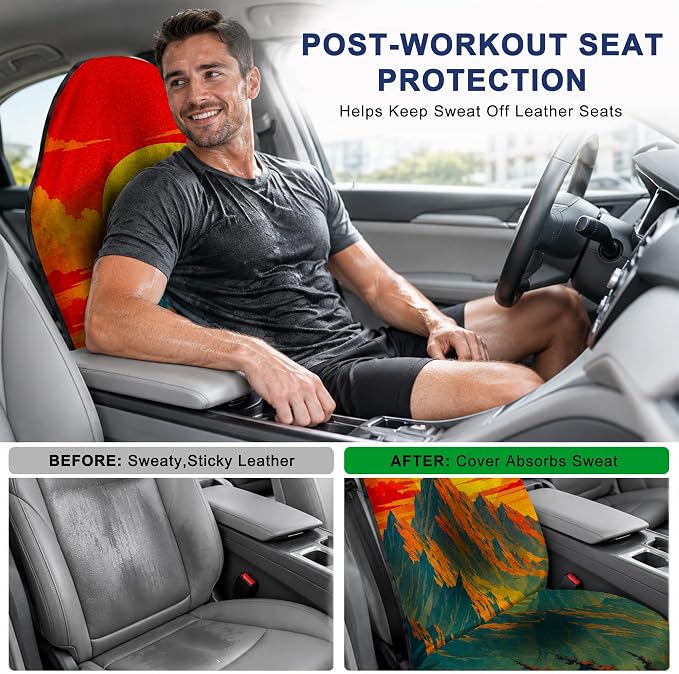 Car Seat Towel Cover 2 Pack for Front Seats, Sweat Absorbent Car Seat Protector with Non-Slip Backing, Waterproof Towel Car Seat Covers for Runners, Gym, Swimming, Beach, Mountain Sunset
