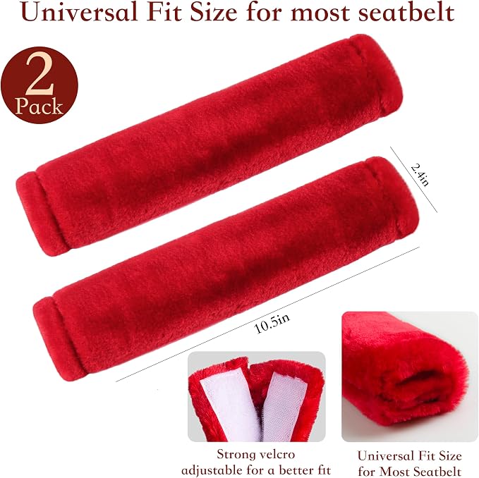 Soft Faux Fur Universal Fit Seatbelt Cover Car Truck SUV Airplane Seat Belt Shoulder Pad for Carmera Backpack Straps Neck Cushion Protector 2 Pack 10.5in Red