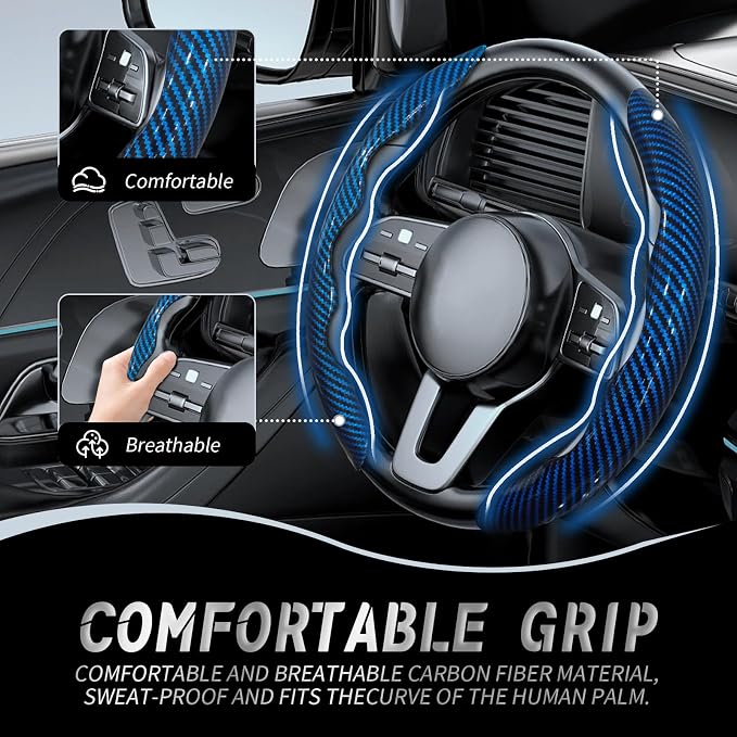 2pcs Car Steering Wheel Cover,Anti-Skid Carbon Fiber Steering Wheel Protector for Men Women,Multiple Color Options,Universal for Most Car Interiors Accessories (Bright Bule)