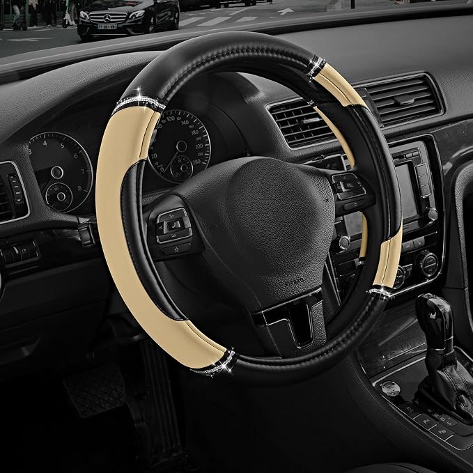 Leather Steering Wheel Cover - Made with PVC Leather - Anti-Slip, Universal Fit 14 1/2 inches to 15 inches - Beige