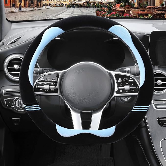 Furry Cute Soft D Shaped Steering Wheel Cover 15 inch Black Blue | Fluffy Short Plush Car Accessories, Non-Slip Cold-Proof Sweat-Proof Colorfast, Universal 14.5 inch to 15 inch