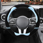Furry Cute Soft D Shaped Steering Wheel Cover 15 inch Black Blue | Fluffy Short Plush Car Accessories, Non-Slip Cold-Proof Sweat-Proof Colorfast, Universal 14.5 inch to 15 inch