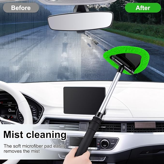 Windshield Cleaner Tool, Car Interior and Exterior Window Cleaning Kit with Extendable Handle & 4 Reusable Microfiber Pads, Auto Glass Wiper Brush Kit for Car & Home Windows (Green)