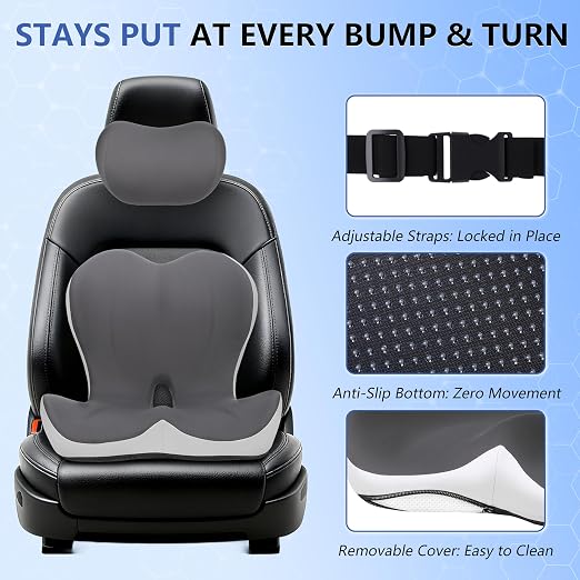 Truck Seat Cushion and Headrest 2-in-1 Set for Truck Driver, Lumbar Support Car Cushions for Long Haul Driving, Memory Foam for Semi Truck & Big Rig, Ergonomic Relief for Back & Sciatic Pain