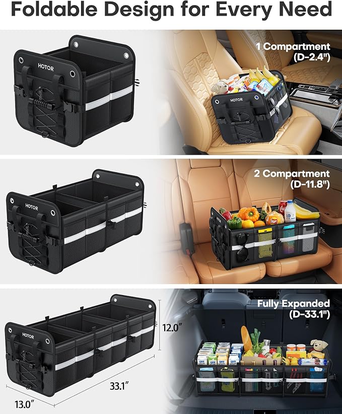 Trunk Organizer for SUV – Car Storage Box with Reflective Strips, Collapsible Car Organizer with Large Capacity, Essential Car Accessories for Truck, Van & Sedan, Black, 33.1" x 13.0" x 12.0"