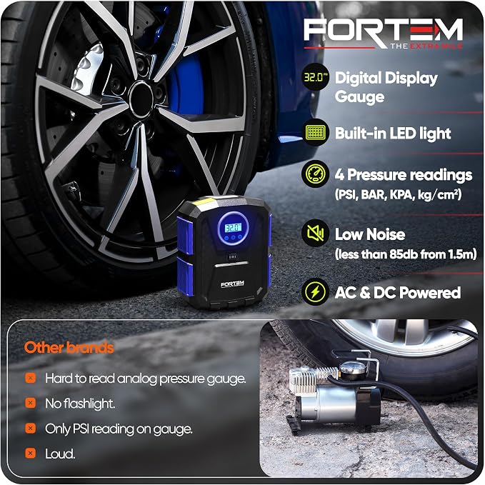 Tire Inflator Portable Air Compressor, Air Pump for Car Tires and Bikes, Car Tire Pump w/Auto Shut Off, 150 PSI, 110V AC 12V DC, LED Light, Carrying Case, Perfect For Men, Women