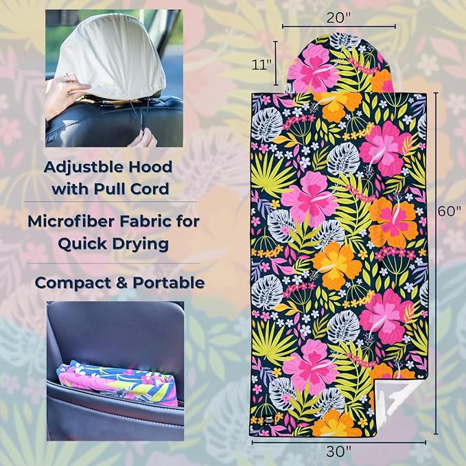 Car Seat Towel Cover – Microfiber Hooded Seat Cover – 30” x 60” Moisture-Wicking Running Seat Protector for Runners – Aloha