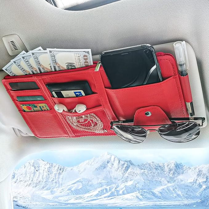 Car Sun Visor Organizer with Multi-Pocket Net Zipper, Truck Visor Organizer Storage Pouch Holder for Cards, Pens, Sunglasses, CD Holder - Red