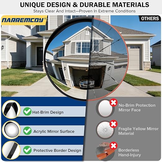 12 Inch Acrylic Convex Mirror with Rain Shield, Adjustable Wide Angle Security Mirror for Indoor Outdoor, Blind Spot for Garage, Warehouse, Driveway, Office Safety