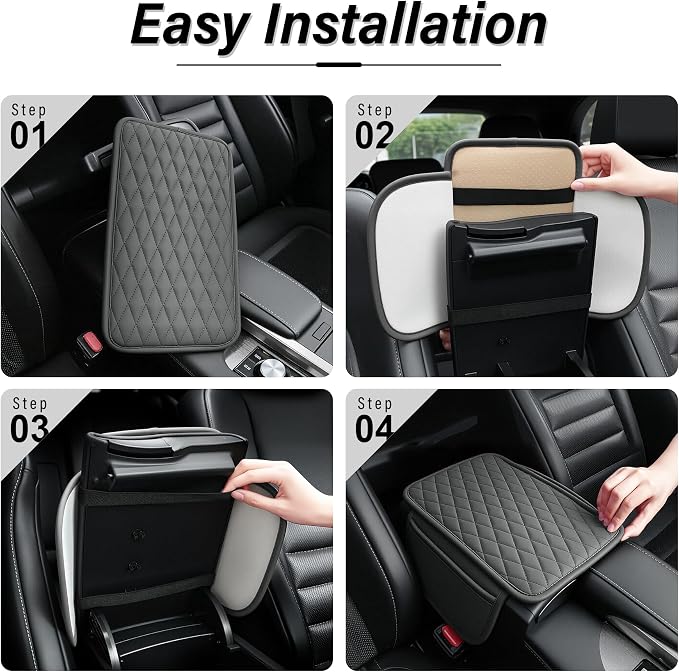 Car Center Console Cover, Upgraded Leather Car Armrest Cushion with 2 Storage Pockets, Universal Waterproof Cushion Pad, Non-Slip Car Interior Accessories, Fits Most Sedans SUVs Trucks (Gray)