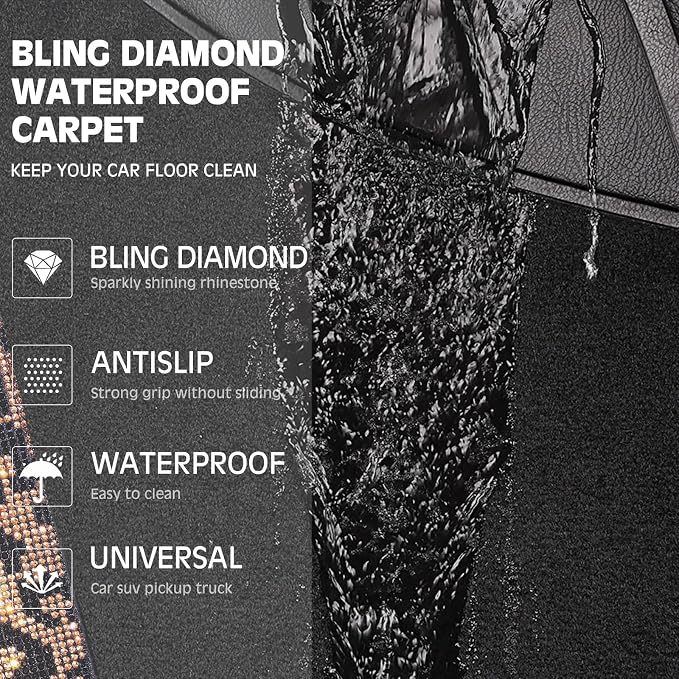 Bling Diamond Car Floor Mats, Shining Rhinestone Carpet Sparkly Glitter Crystal with Anti-Slip PVC Heel Pad Waterproof Universal Fit Automotive SUV,Sedan,Van,Cute Girl Women,4pcs Gold Leopard