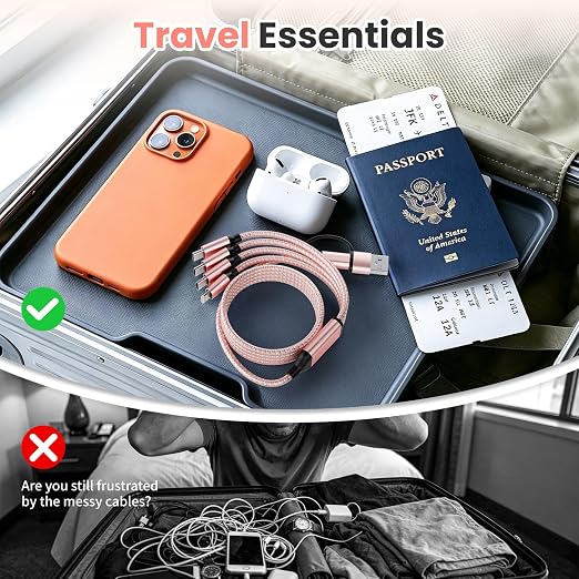 4 in 2 Multi Charging Cable,USB A/C Splitter Multi Charging Cable with 3 X Type-C,1 X IP,Upgrade 2026 Travel Holiday Essentials Phone Charger Cord for iPhone 17/16/15/14,Car Accessories for Women,Pink